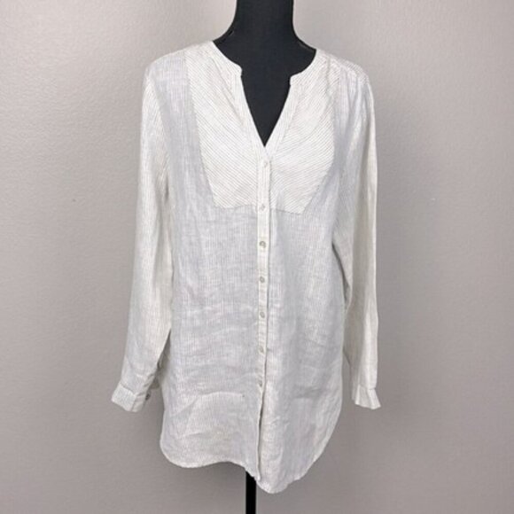 Sundance Linen Tuxedo Bib Tunic Top Stripe Long Sleeve Button-up Cream Blouse LP - Picture 1 of 8